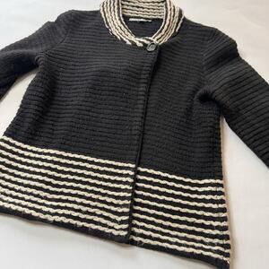 Cleo Petites Open Cardigan • Size L•Black w/ White Stripes • Lightweight Sweater